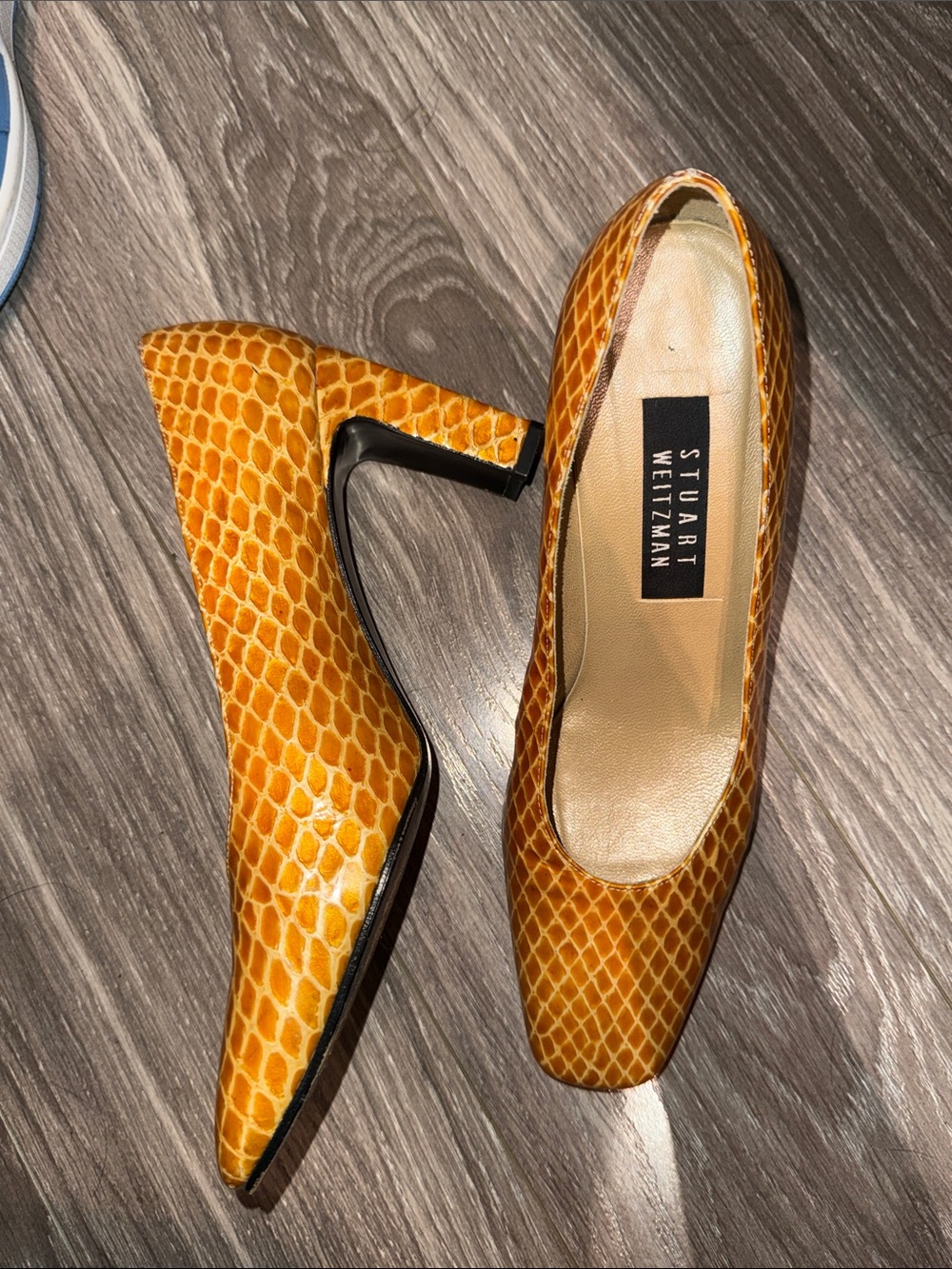 Stuart Weitzman Yellow Snake-Embossed Pointed Toe Pumps